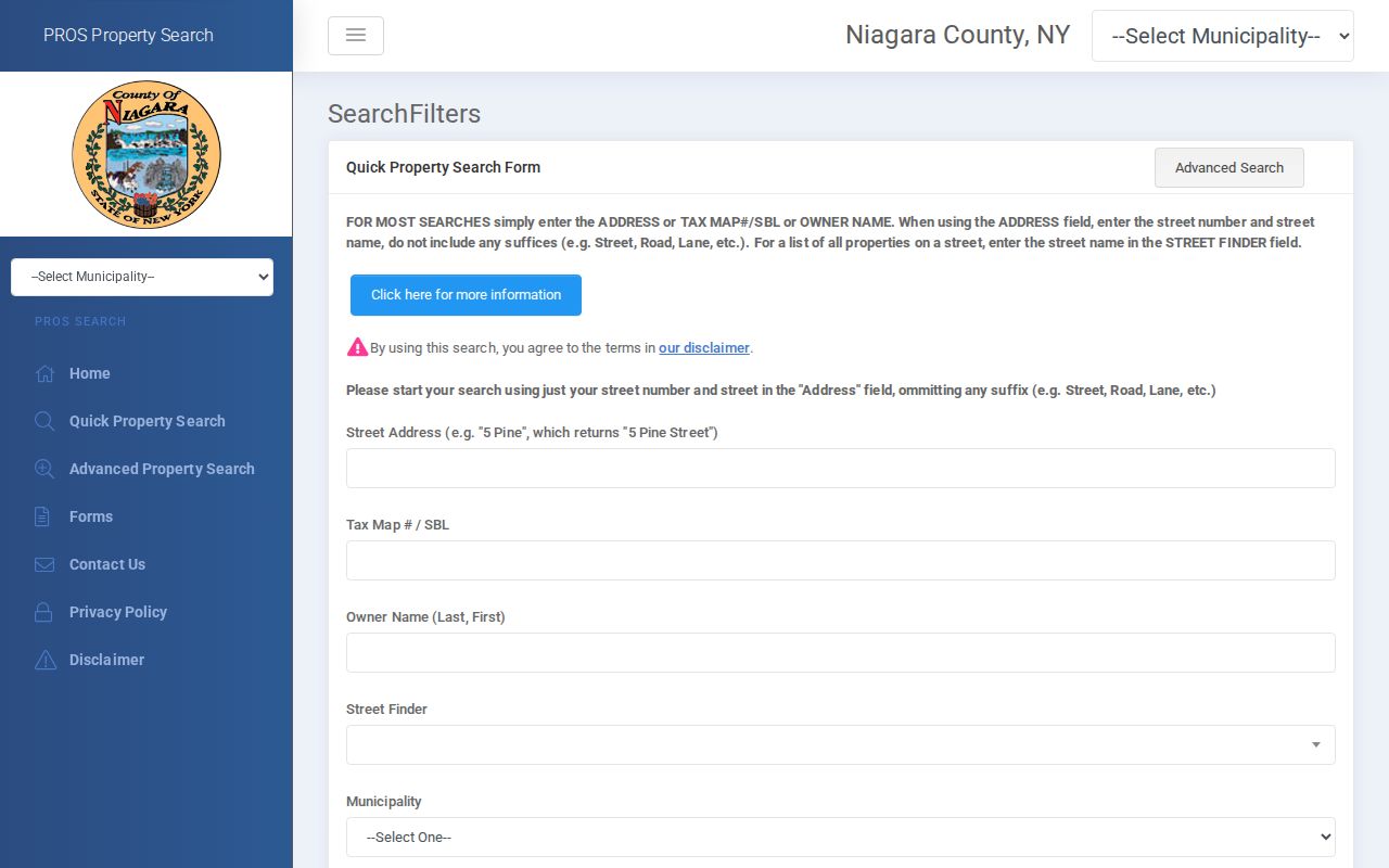 Niagara County street directory quick property search fields