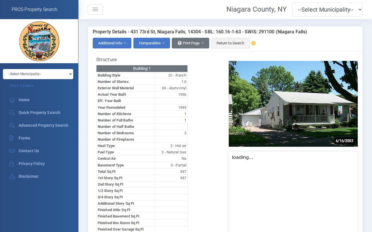 Niagara County street directory parcel card details